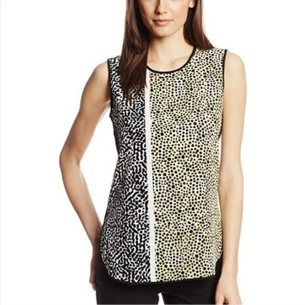 Vince Camuto Yellow Black Dot Sleeveless Blouse Size Medium